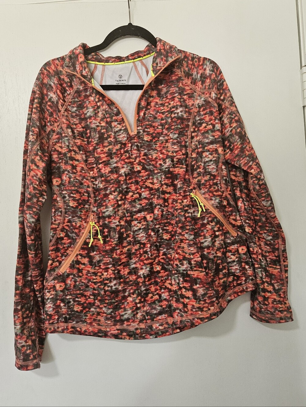 T by Talbots Printed Activewear 1/4 Zip Pullover Jacket Coral Multi Size Medium